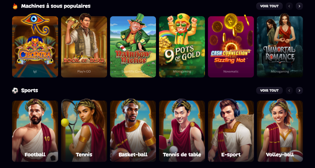 Machines à sous populaires : Cleopatra, Book of Dead, Rainbow Riches, 9 Pots of Gold — Paris sportifs : Football, Tennis, Basketball, E-sport
